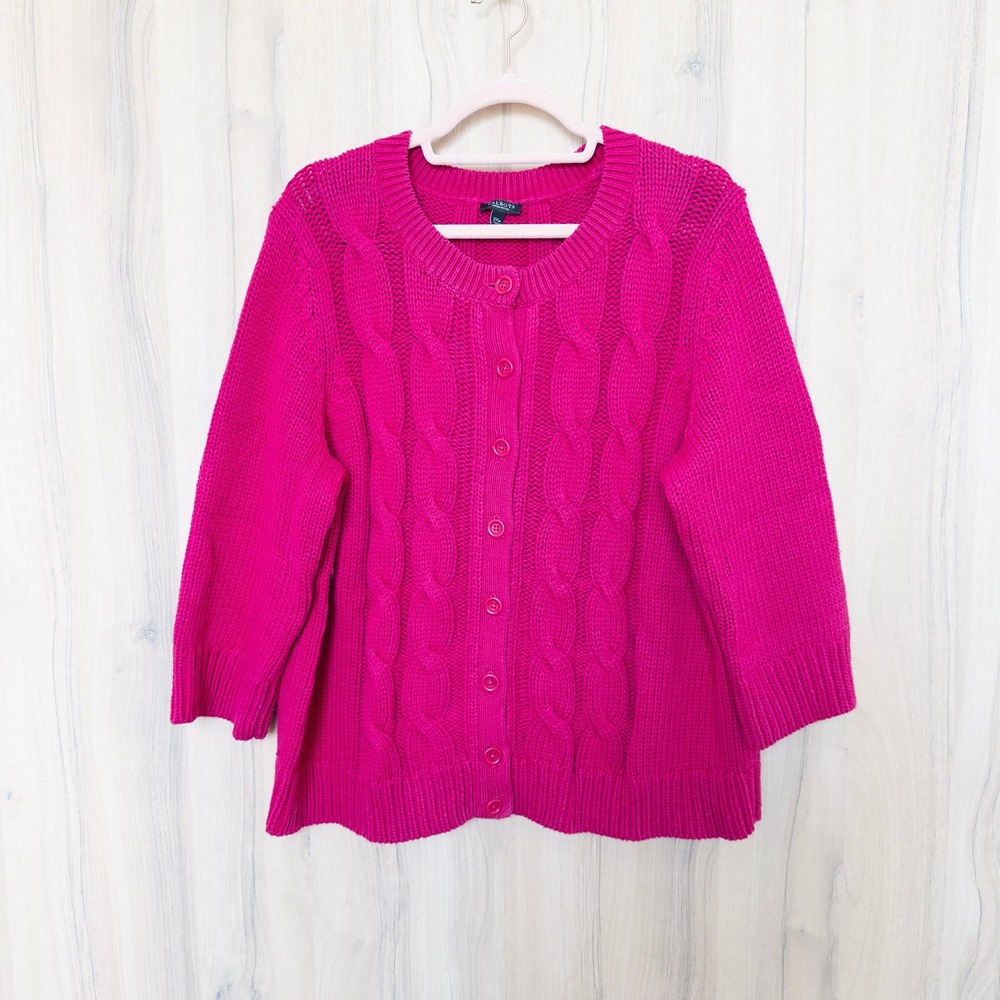 Talbots Womens Cable Knit Cardigan 2XP Pink Chunky Knitโ Preppy Bright Classic